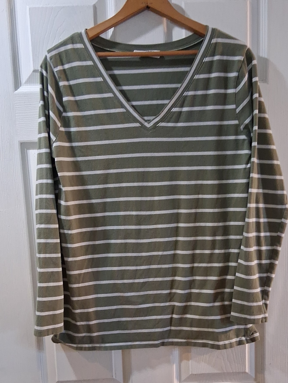 Zenana Outfitters Olive & White Striped V-Neck Long Sleeve Tee